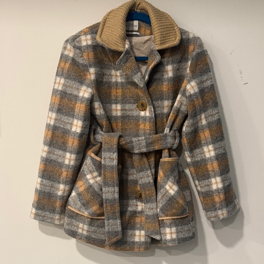 Urban Outfitters Gray and Tan Plaid Pea Coat